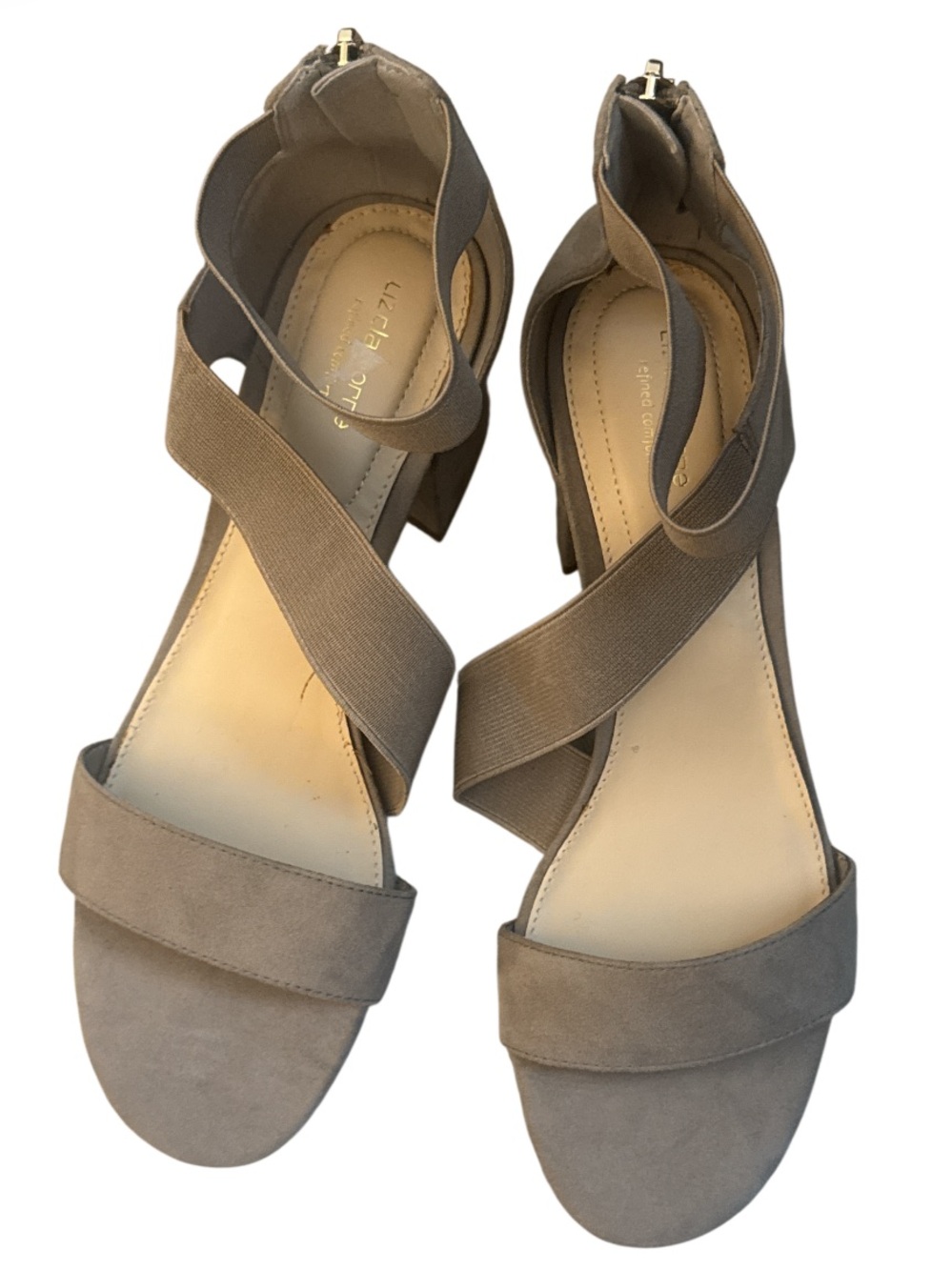 Liz Claiborne Taupe Crisscross Block Heel Sandals - Size 8.5